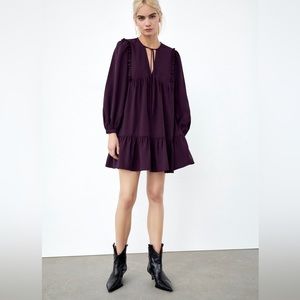 ZARA pleated deep purple v neck flowy dress